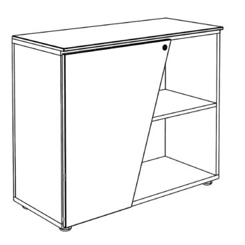 Dessin filaire d'une armoire basse "PyraKhafre" avec porte gauche, hauteur 76 cm, étagères visibles.