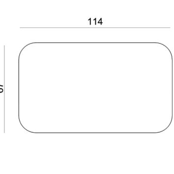 Croquis d'une table basse ILOT avec dimensions 114x67 cm, angles arrondis et design simple.