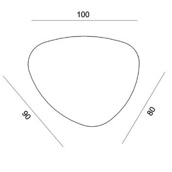 Croquis d'une table basse en forme de galet, dimensions 100x90x80 cm, esquissée en vue de dessus.