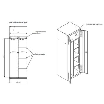 Schéma technique d'un vestiaire grande largeur, gamme Essentiel, dimensions L.60 cm, adapté aux industries salissantes.