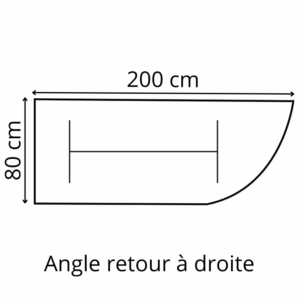 Dessin technique de la table abattante Versatilis, dimensions 200x80 cm, avec angle retour à droite.