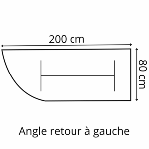 Schéma d'une table abattante Versatilis de 200x80 cm avec angle retour à gauche.