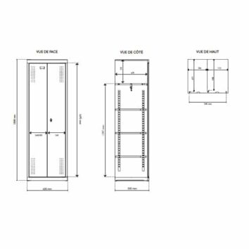 Plan détaillé d'un vestiaire grande largeur pour industrie salissante, gamme Essentiel, L.60 cm, avec vues de face, côté et haut.