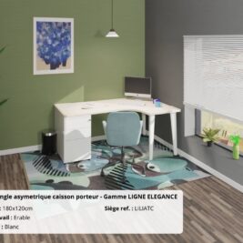 Bureau d'angle asymétrique avec caisson porteur, blanc et érable, de la gamme Ligne ÉLÉGANCE, dans un espace moderne.