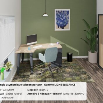 Bureau d'angle asymétrique en chêne naturel, caisson porteur, gamme Ligne ÉLÉGANCE, piétements anthracite.