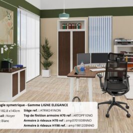 Bureau d'angle symétrique en noyer et blanc, gamme Ligne ÉLÉGANCE, avec chaise et rangement intégré.