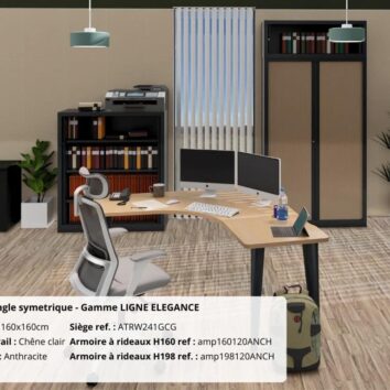Bureau d'angle symétrique en chêne clair et anthracite, gamme Ligne ÉLÉGANCE, avec chaise et étagères.
