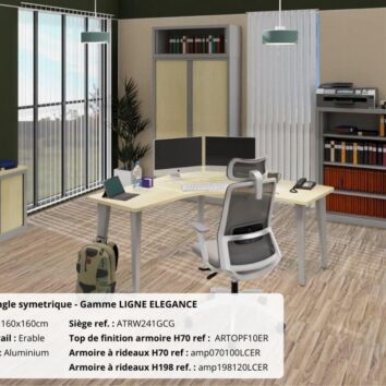Bureau d’angle symétrique en érable et aluminium, gamme Ligne ÉLÉGANCE, avec chaise et étagères.