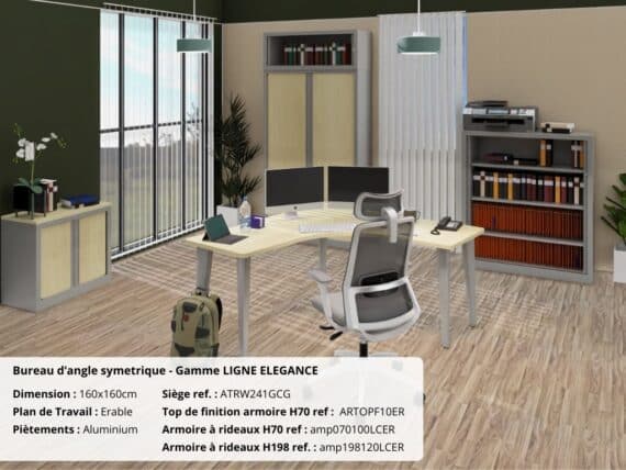 Bureau d’angle symétrique en érable et aluminium, gamme Ligne ÉLÉGANCE, avec chaise et étagères.