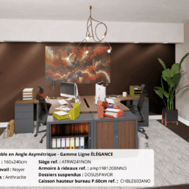 Bureau double en angle asymétrique avec finitions noyer et anthracite, gamme Ligne ÉLÉGANCE, ambiance moderne.