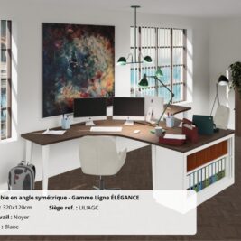 Bureau double en angle symétrique, gamme Ligne ÉLÉGANCE avec plan de travail en noyer et piètements blancs.