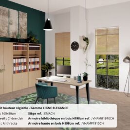 Bureau droit en noyer et chêne clair, hauteur réglable, gamme Ligne ÉLÉGANCE dans un espace moderne.