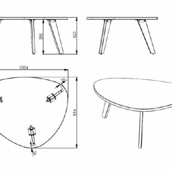 Plan technique d'une table basse en forme de galet avec dimensions détaillées et vue de dessus.