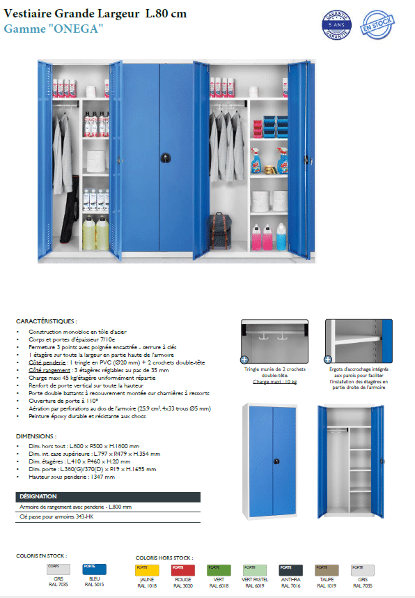 Vestiaire grande largeur 80 cm ONEGA, couleur bleue, avec plusieurs étagères pour rangement divers.