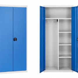Vestiaire grande largeur ONEGA L.80 cm en métal bleu avec portes ouvertes montrant étagères et penderie.