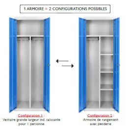 Vestiaire modulable grande largeur 60 cm, 2 configurations pour industrie salissante et rangement.