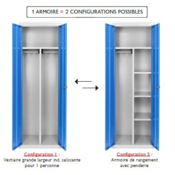 Vestiaire modulable grande largeur 60 cm, 2 configurations pour industrie salissante et rangement.