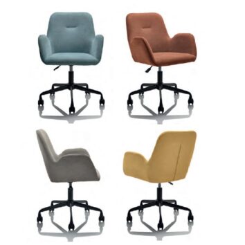 Quatre fauteuils de télétravail LiWork Chair en différentes couleurs : bleu, marron, gris et jaune.