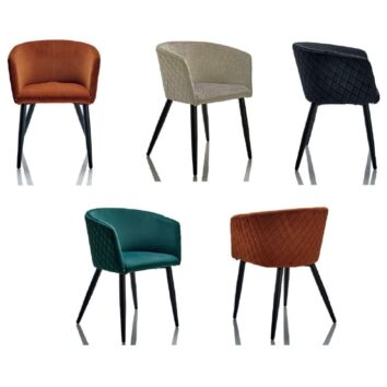 Cinq chauffeuses "Emira Lounge" en différents coloris, parfaites pour accueil ou réunion, design moderne.