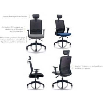 Siège de Travail Opérateur ESSENTIEL RW2-42 avec appuie-tête et accoudoirs 2D, vue sous plusieurs angles.