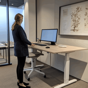 Bureau assis-debout électrique blanc perle, largeur 160 cm, de la ligne Healthet, avec écran et chaise.