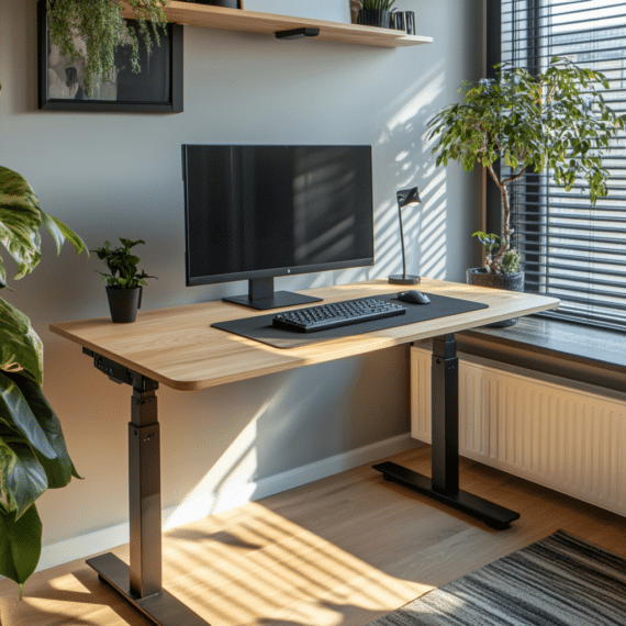 Bureau électrique assis-debout en bois, 120 cm, avec écran et clavier, plantes en arrière-plan.