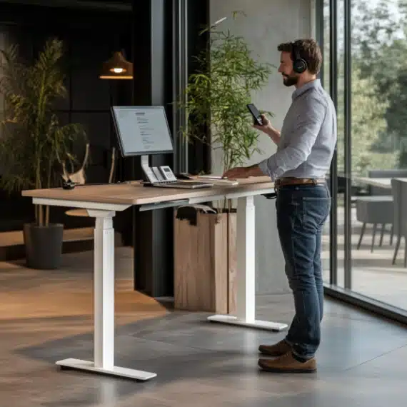 Homme debout utilisant un bureau assis-debout électrique blanc perle, L140 cm, avec deux moteurs, dans un espace moderne.