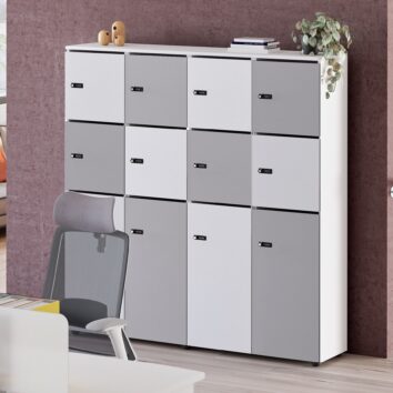 Rangement de bureau bois 4 colonnes avec serrures sans pieds blanc perle et multicolore - H.173.5 cm