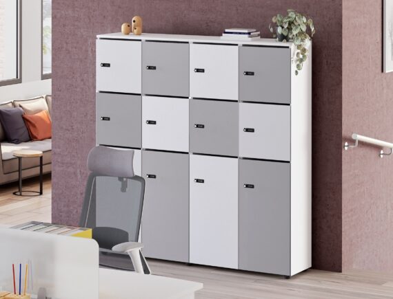 Rangement de bureau bois 4 colonnes avec serrures sans pieds blanc perle et multicolore - H.173.5 cm