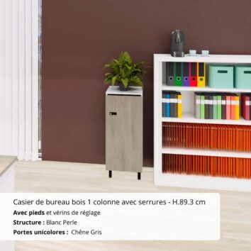Casier de bureau bois 1 colonne avec serrures - H.89.3 cm Blanc Perle et Chêne Gris