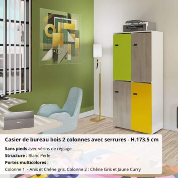 Casier de bureau bois 2 colonnes avec serrures - H.173.5 cm blanc perle et multicolores