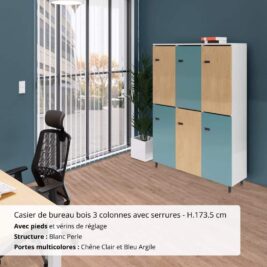 Casier de bureau bois 3 colonnes avec serrures - H.173.5 cm Blanc Perle, Chêne Clair et Bleu Argile