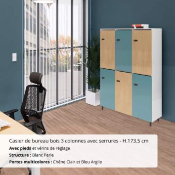 Casier de bureau bois 3 colonnes avec serrures - H.173.5 cm Blanc Perle, Chêne Clair et Bleu Argile
