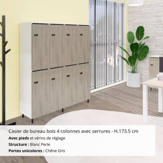 Casier de bureau bois 4 colonnes avec serrures - H.173.5 cm Blanc Perle et Chêne gris
