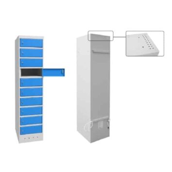Armoire sécurisée pour PC portables et tablettes, gamme Essentiel, avec compartiments verrouillables bleus.