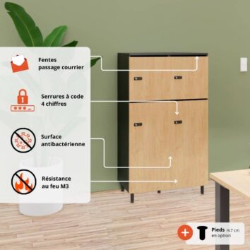 Rangement de bureau bois avec deux colonnes et serrures, hauteur 131.4 cm, pieds optionnels, design moderne.