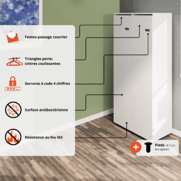 Vestiaire en bois blanc à deux colonnes, L.80 cm, avec fentes courrier, serrures sécurisées et surface antibactérienne.