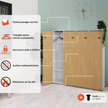 Les avantages du vestiaire bois 4 colonnes SANS P L 160cm blanc perle et chene clair