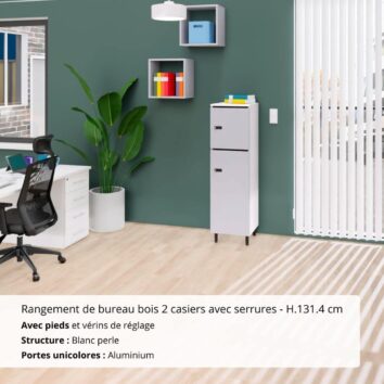 Rangement de bureau bois 2 casiers avec serrures - H.131.4 cm Blanc Perle et Aluminium