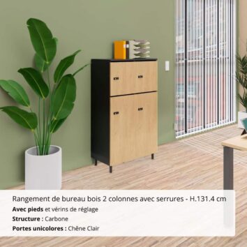Rangement de bureau bois 2 colonnes avec serrures - H.131.4 cm Carbone et Chêne Clair