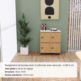 Rangement de bureau bois 2 colonnes avec serrures et pieds - H.89.3 cm Blanc Perle et Chêne Clair