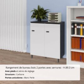 Rangement de bureau bois 2 portes avec serrures - H.89.3 cm Carbone et Blanc Perle