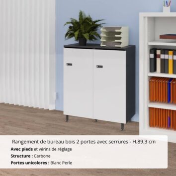 Rangement de bureau bois 2 portes avec serrures - H.89.3 cm Carbone et Blanc Perle