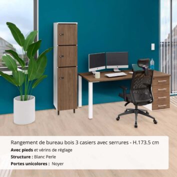 Rangement de bureau bois 3 casiers avec serrures - H.173.5 cm Blanc Perle et Noyer