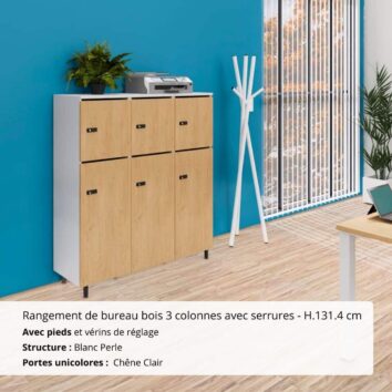 Rangement de bureau bois 3 colonnes avec serrures - H.131.4 cm Blanc Perle et Chêne Clair