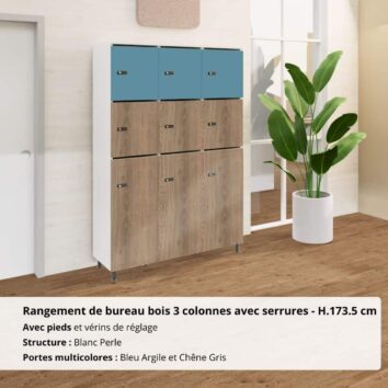 Rangement-de-bureau-bois-3-colonnes-avec-serrures-avec-pieds-H.173.5-cm-blanc-perle bleu chene gris.