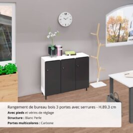 Rangement de bureau bois 3 portes avec serrures - H.89.3 cm Blanc perle et Carbone