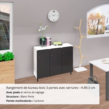 Rangement de bureau bois 3 portes avec serrures - H.89.3 cm Blanc perle et Carbone