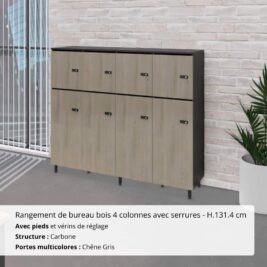 Rangement de bureau bois 4 colonnes avec serrures avec pieds - H.131.4 cm Carbone et Chêne Gris