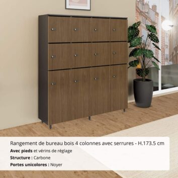 Rangement de bureau bois 4 colonnes avec serrures avec pieds - H.173.5 cm carbone et noyer